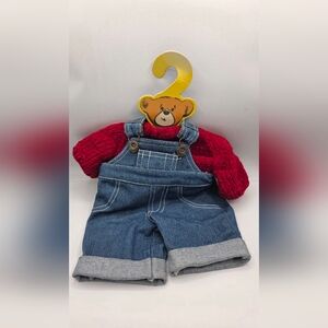 Build-A -Bear Denim Blue Overalls with Red Sweater.